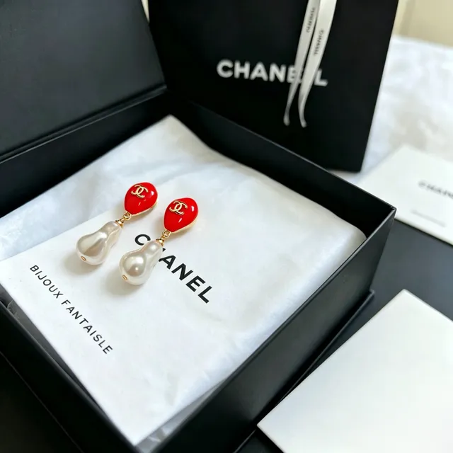 Chanel Red Enamel and Baroque Pearl Drop Earrings 7