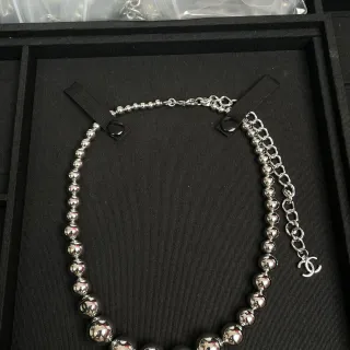 Chanel Silver Black Metallic Beads Ribbon Adjusters Necklace