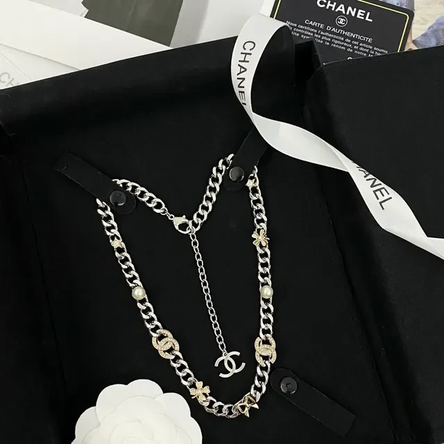 Collier Chanel Chaîne Curb Chunky Argent Or Métal Double Ton 4