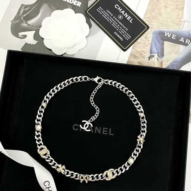 Collier Chanel Chaîne Curb Chunky Argent Or Métal Double Ton 6