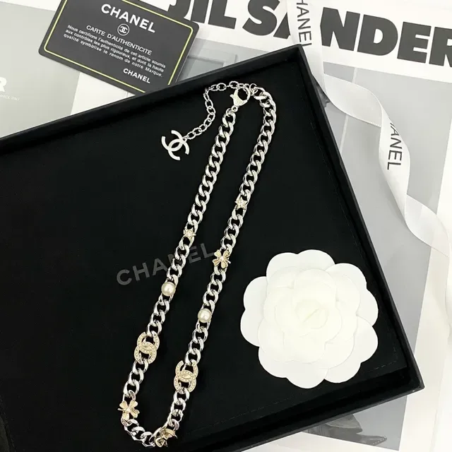 Collier Chanel Chaîne Curb Chunky Argent Or Métal Double Ton 7