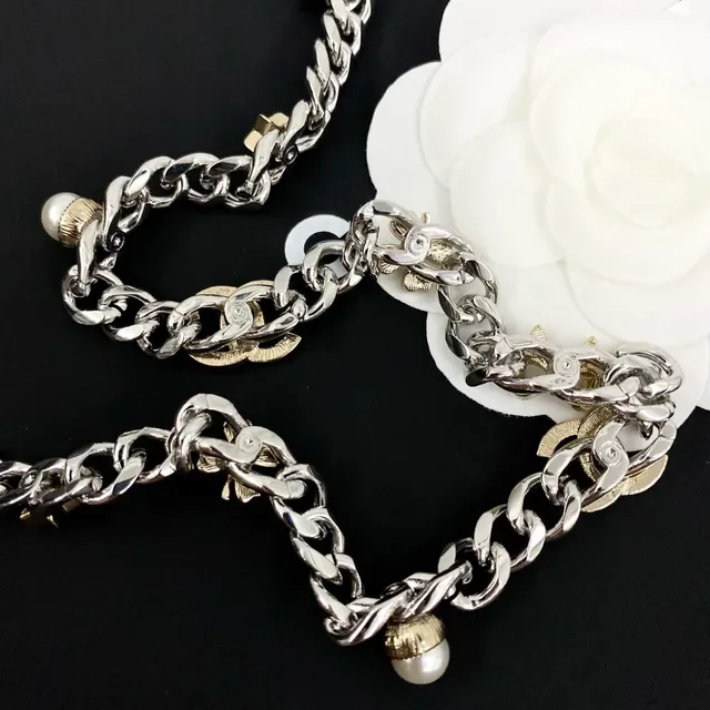 Collier Chanel Chaîne Curb Chunky Argent Or Métal Double Ton 8