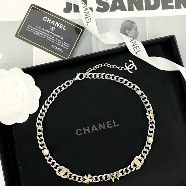 Collier Chanel Chaîne Curb Chunky Argent Or Métal Double Ton 9