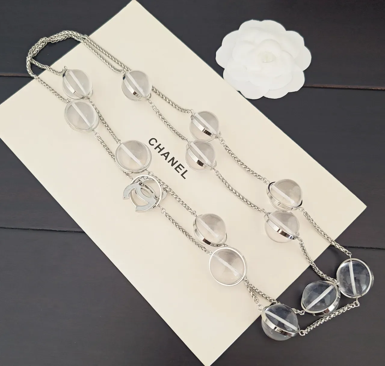 Chanel Silver Transparent Chain Clear Domed Pendants Necklace 2