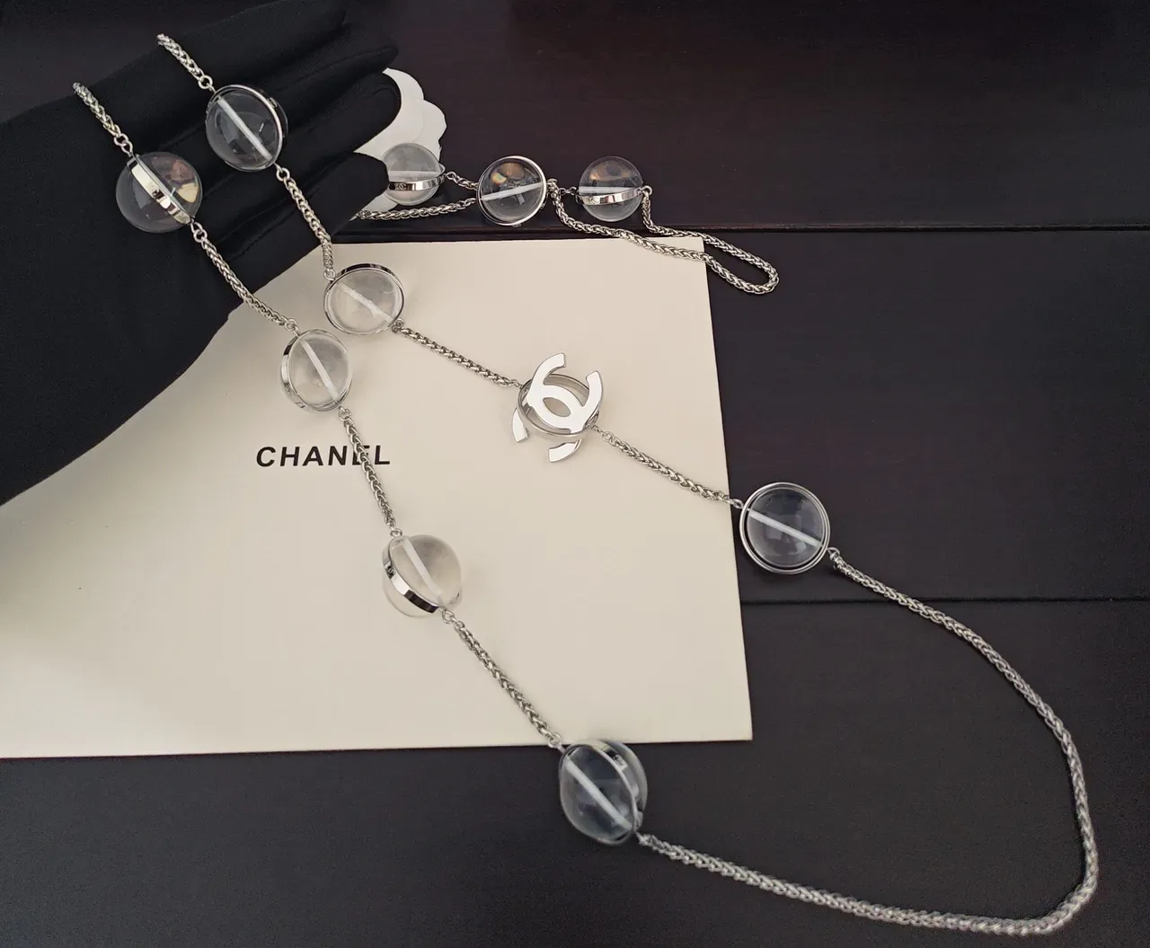 Chanel Silver Transparent Chain Clear Domed Pendants Necklace 4