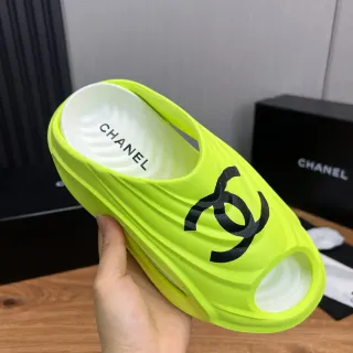 Chanel Slide Neon Lime Black Logo Slippers