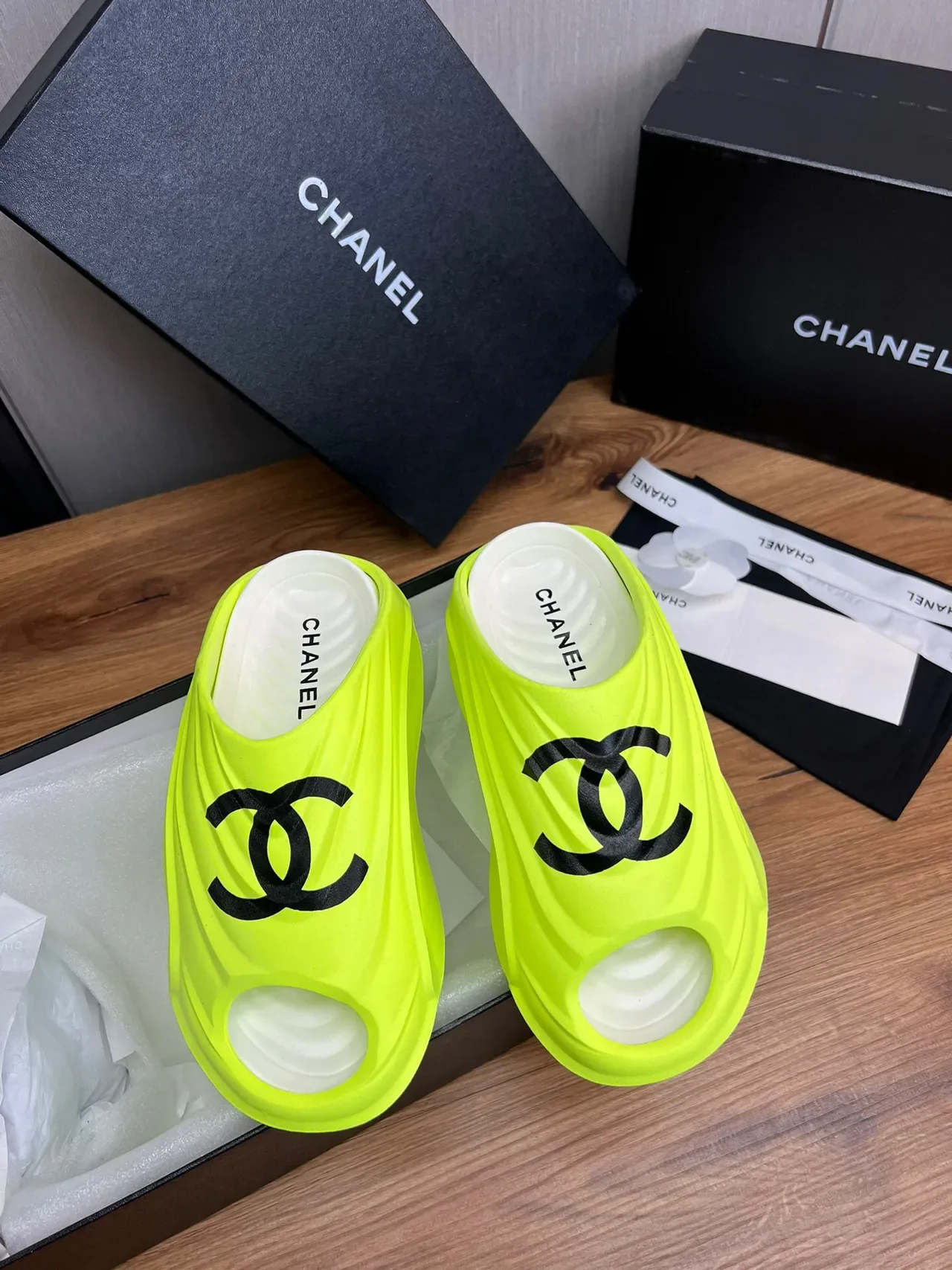 Chanel Slide Neon Lime Black Logo Slippers 3