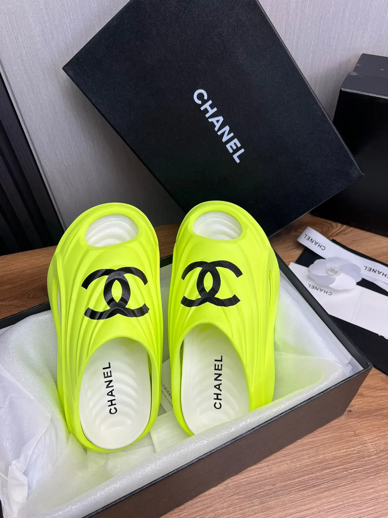 Chanel Slide Neon Lime Black Logo Slippers 4