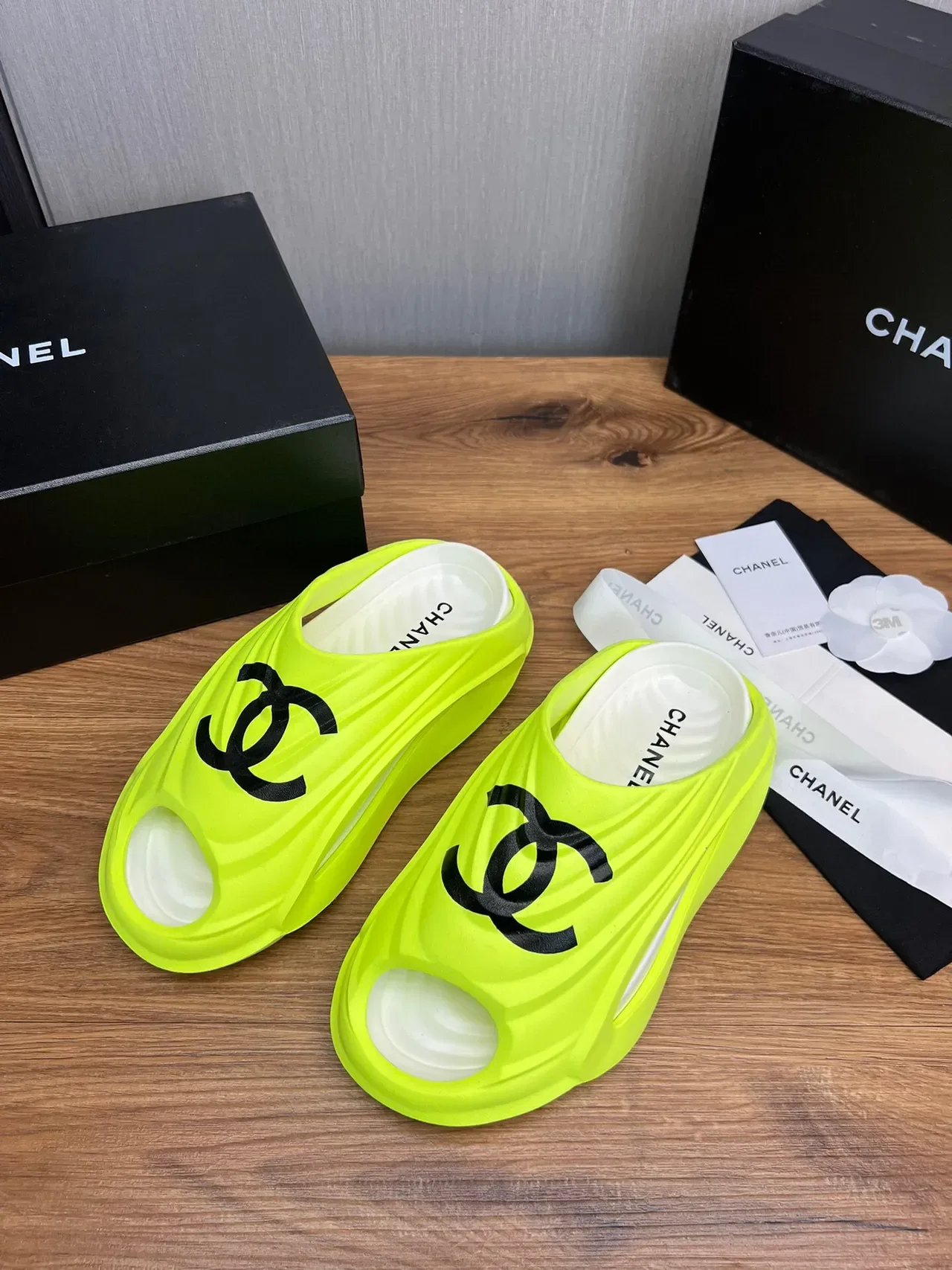 Chanel Slide Neon Lime Black Logo Slippers 5