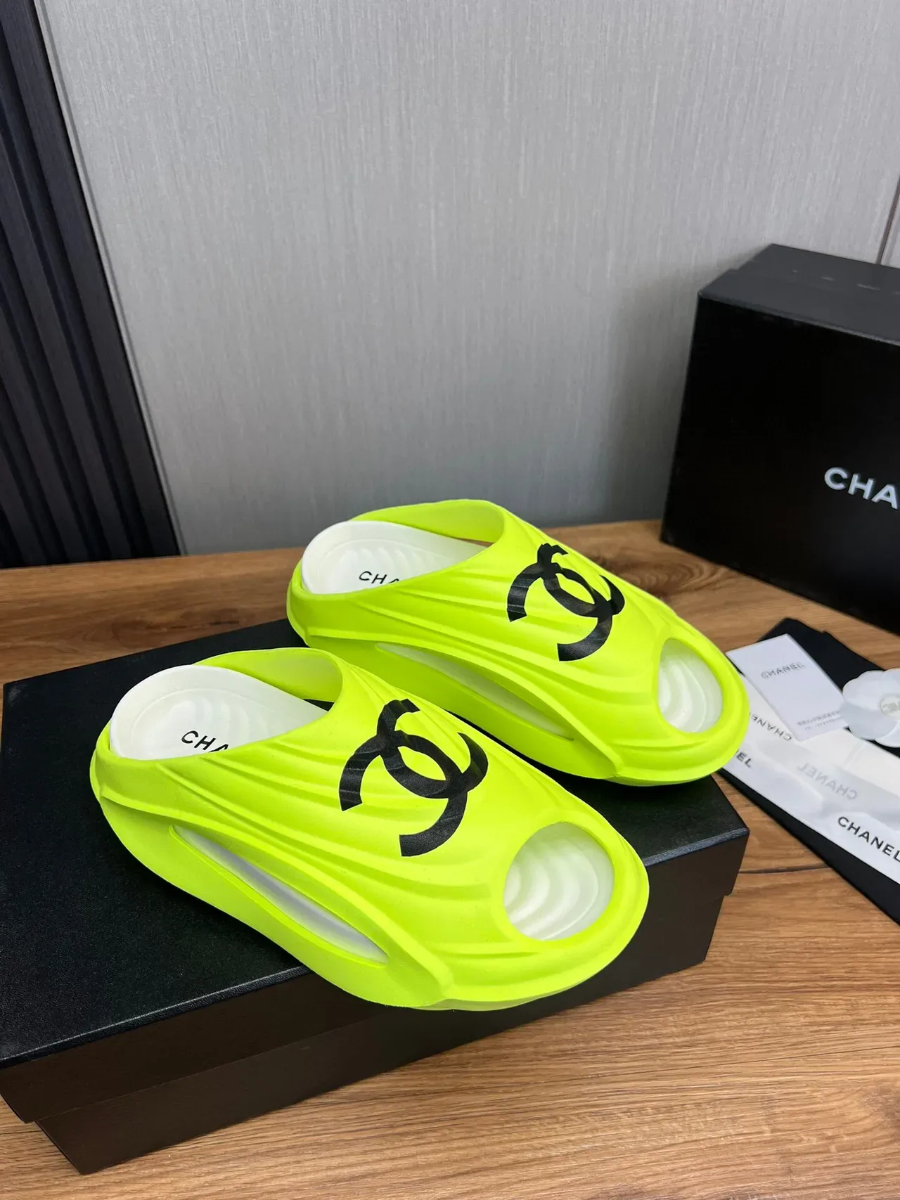 Chanel Slide Neon Lime Black Logo Slippers 6