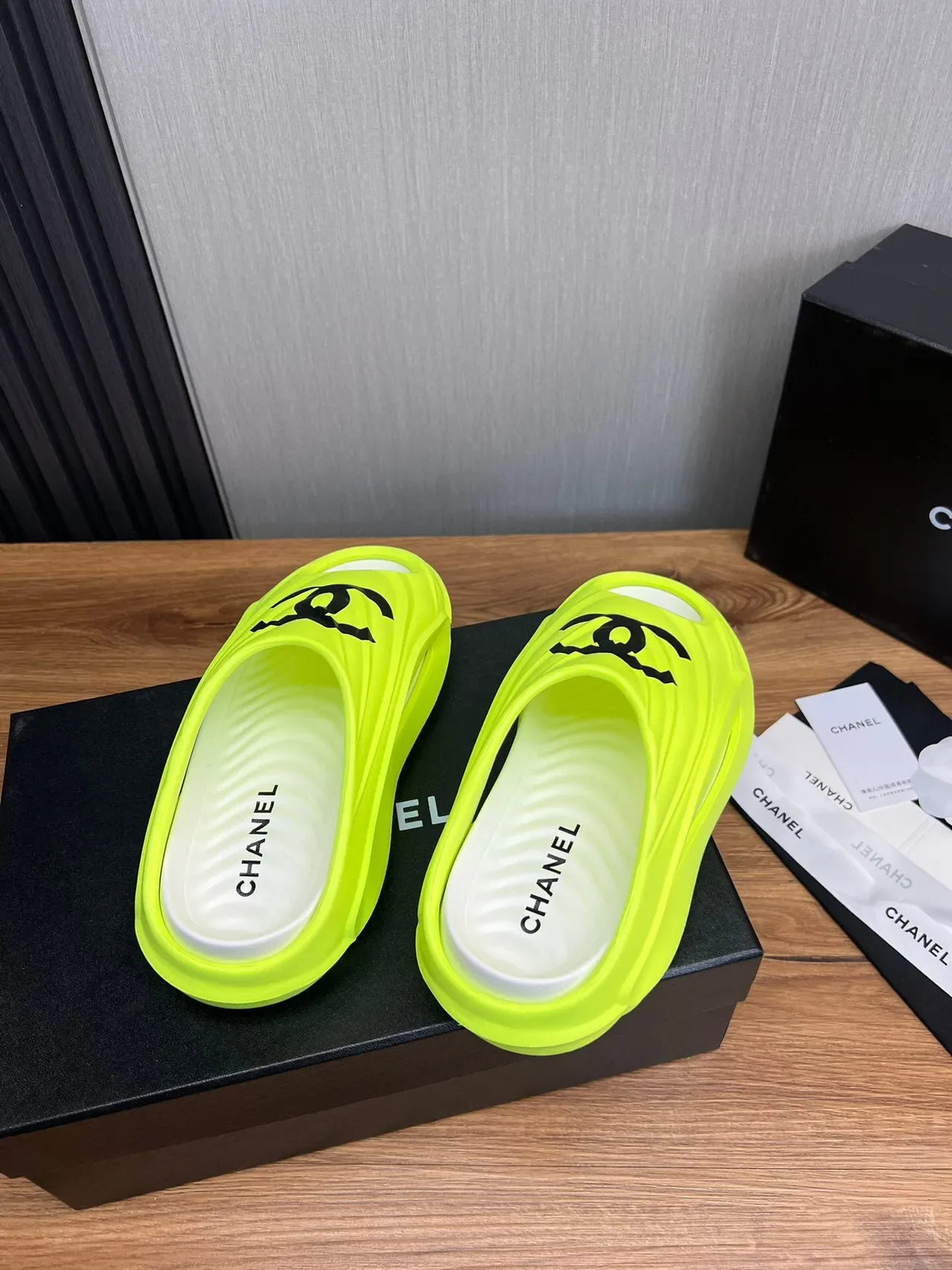 Chanel Slide Neon Lime Black Logo Slippers 7