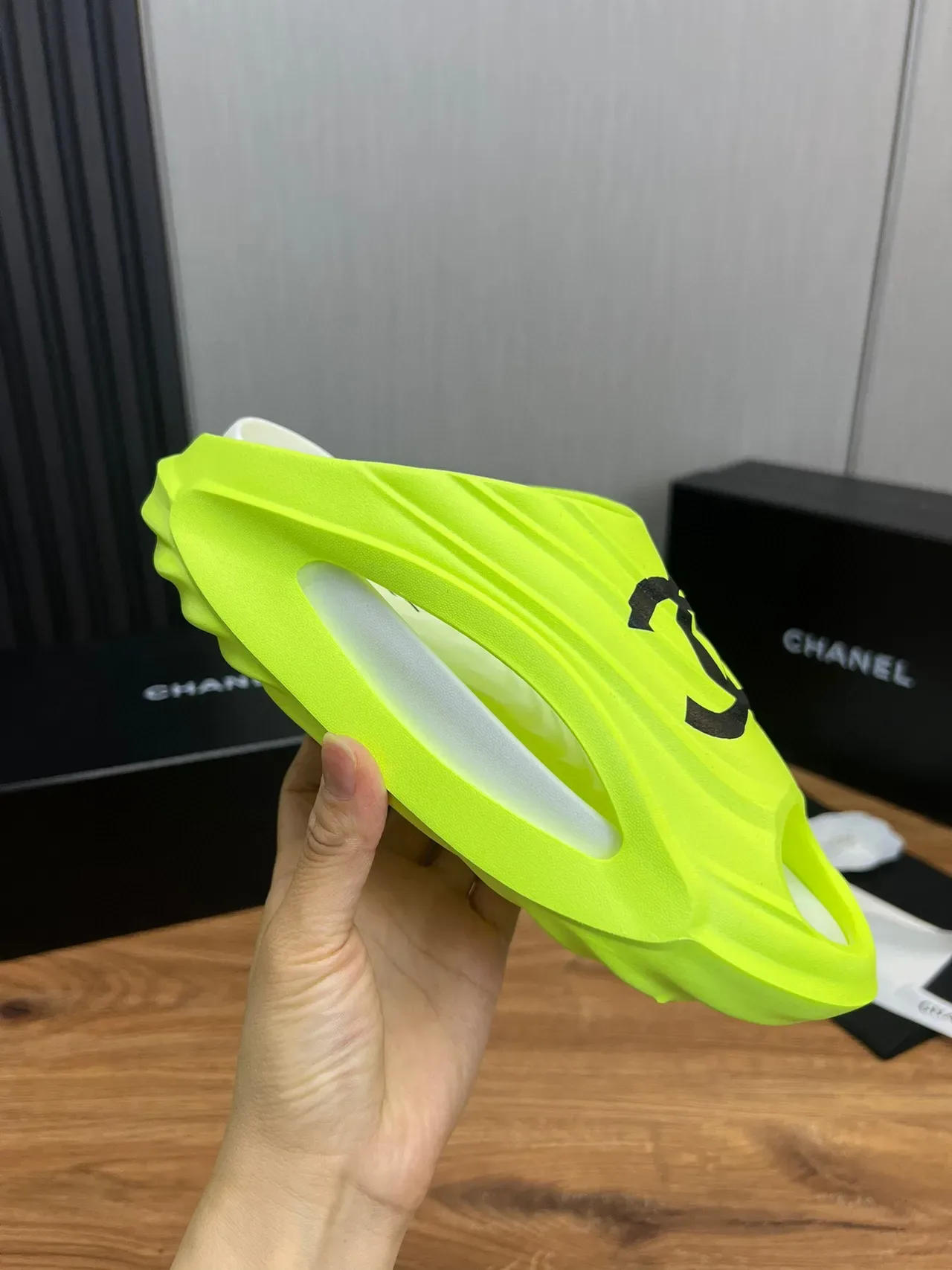 Chanel Slide Neon Lime Black Logo Slippers 8