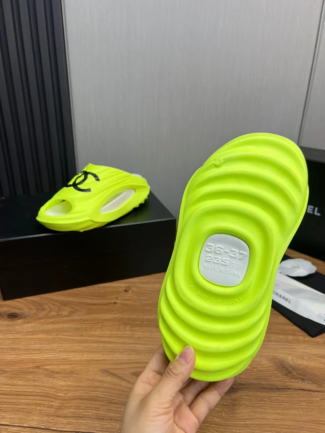Chanel Slide Neon Lime Black Logo Slippers 9