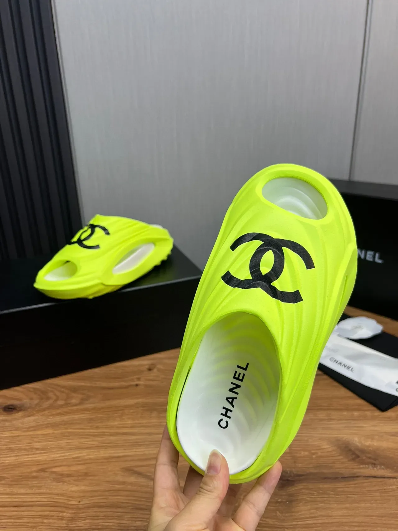 Chanel Slide Neon Lime Black Logo Slippers 10