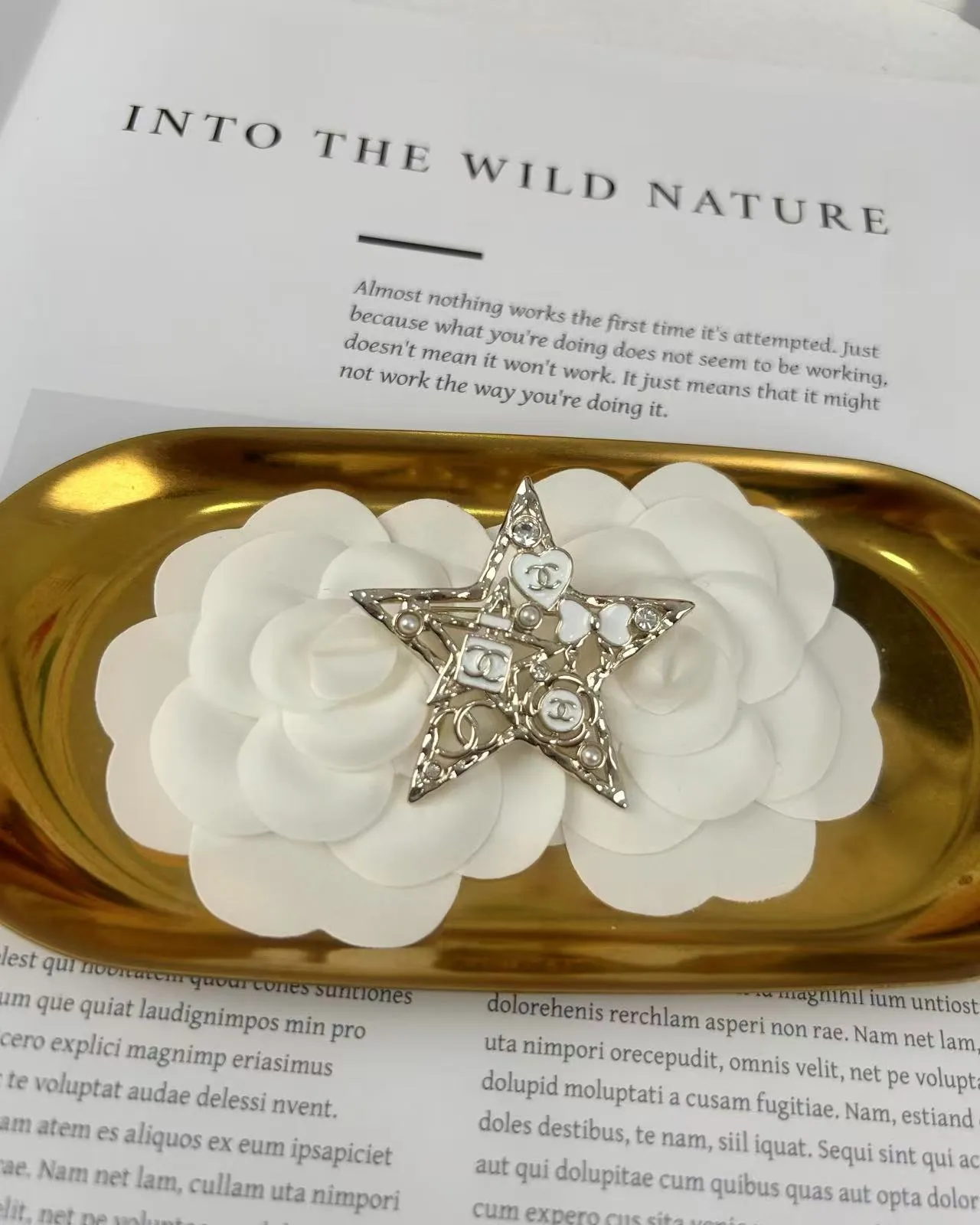 Chanel broche estrela broche de metal branco dourado 6