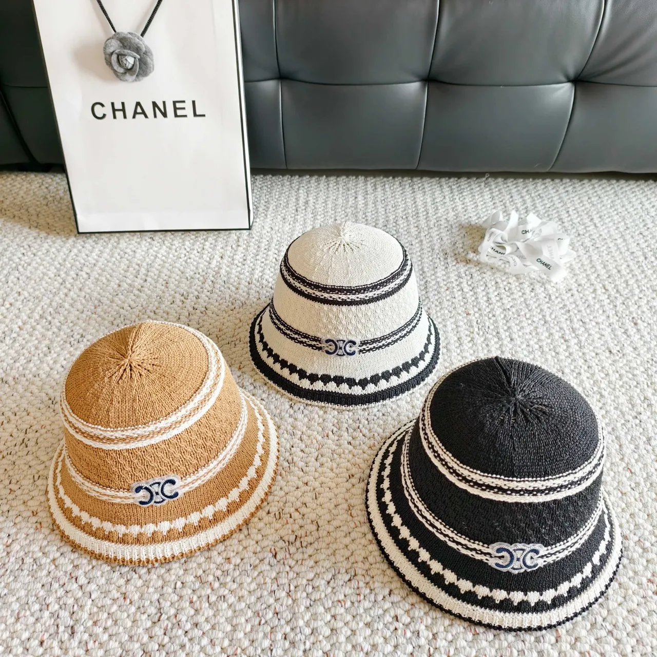 Chanel Striped Knitted CC Logo Bucket Hat 2