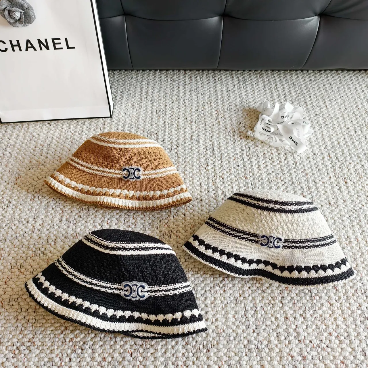 Chanel Striped Knitted CC Logo Bucket Hat 3