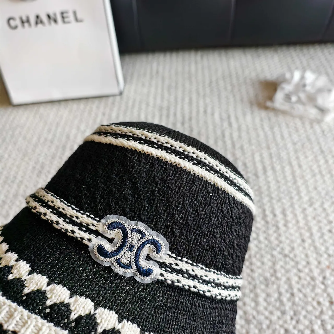 Chanel Striped Knitted CC Logo Bucket Hat 4