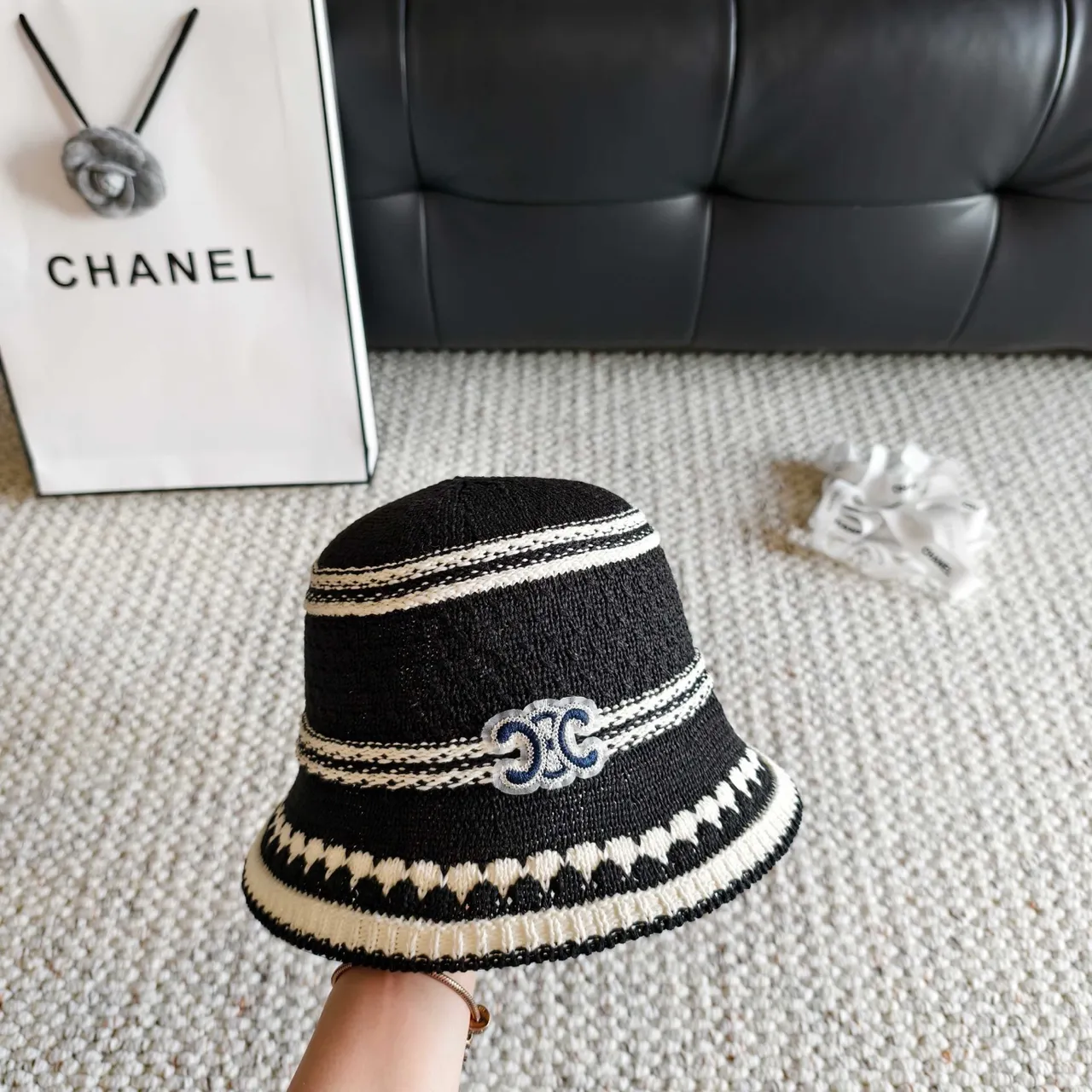 Chanel Striped Knitted CC Logo Bucket Hat 5