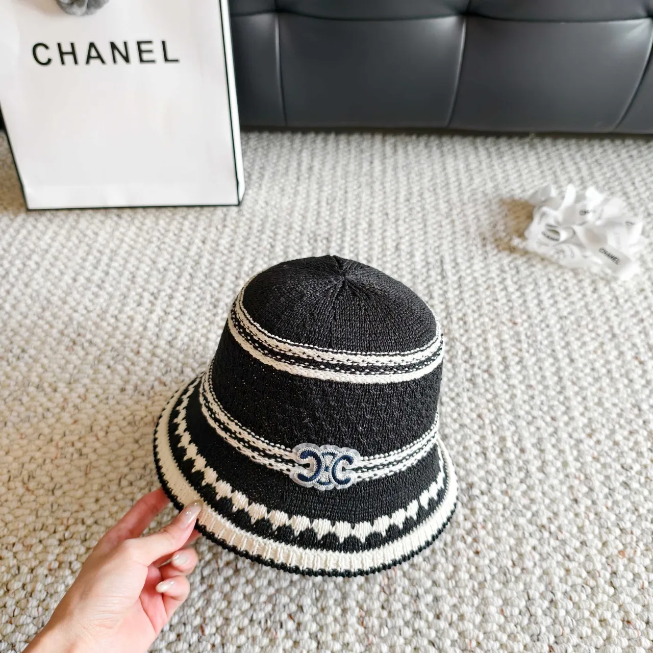 Chanel Striped Knitted CC Logo Bucket Hat 6