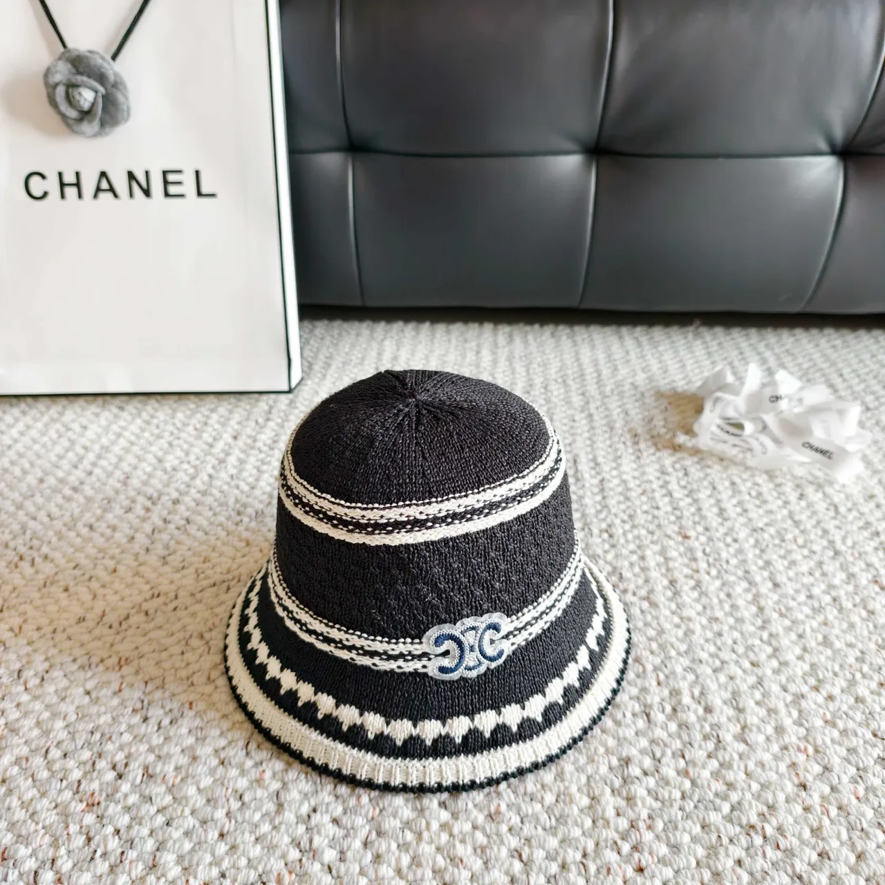Chanel Striped Knitted CC Logo Bucket Hat 7