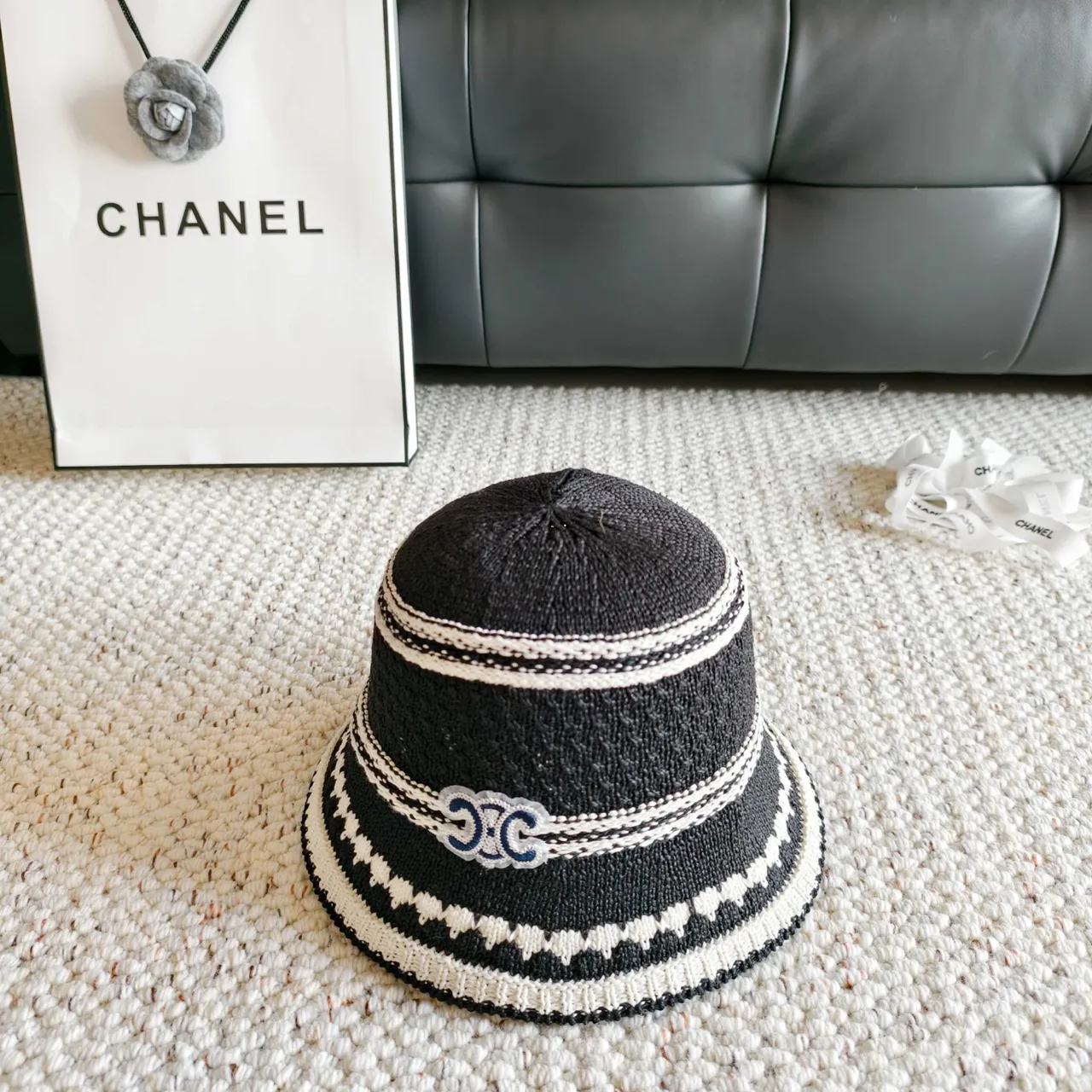 Chanel Striped Knitted CC Logo Bucket Hat 8
