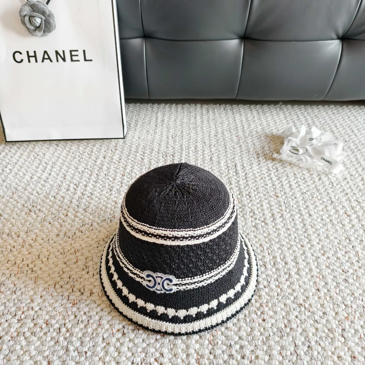 Chanel Striped Knitted CC Logo Bucket Hat 9