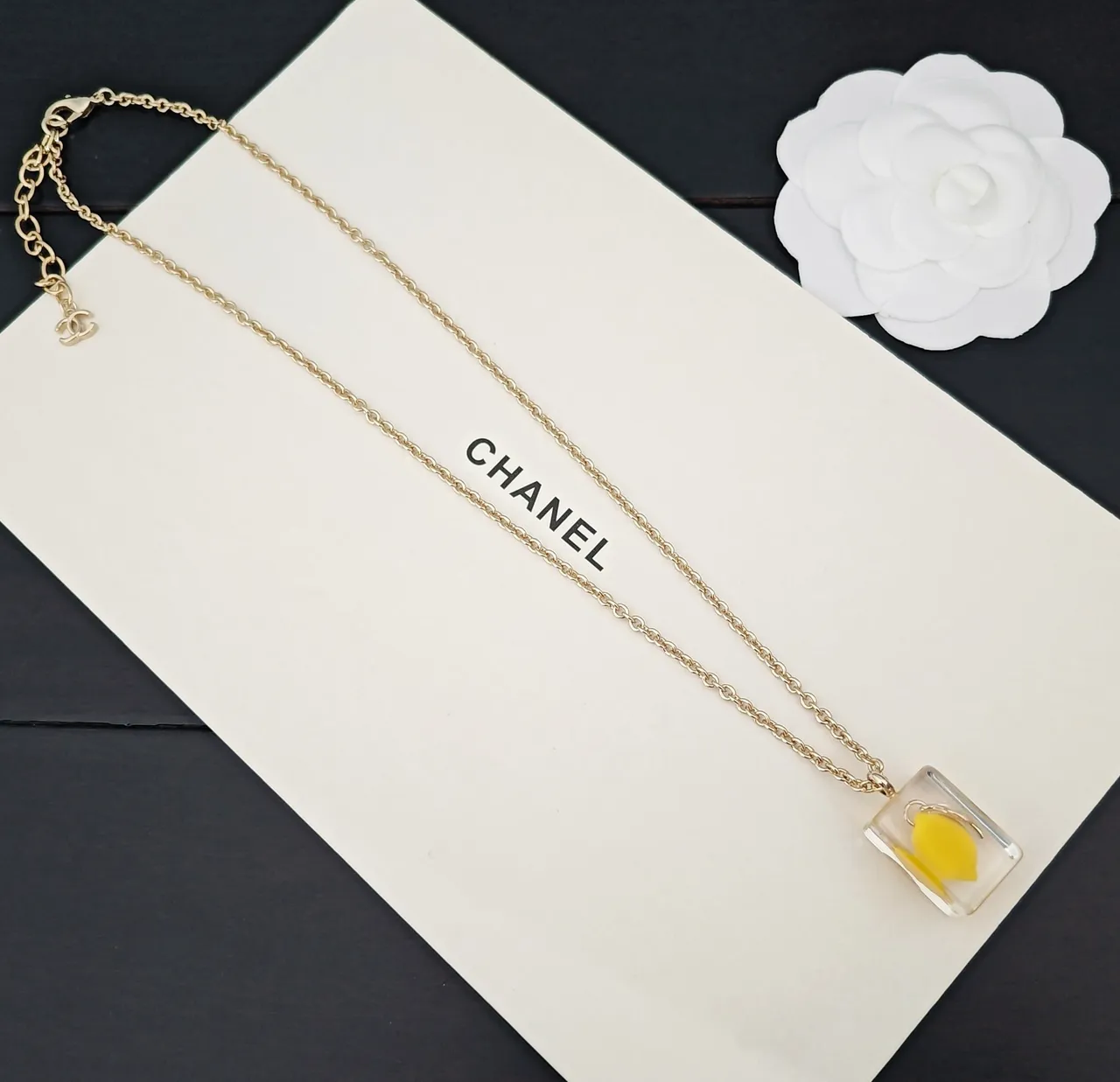 Chanel Transparent Yellow Resin Pendant Gold-Tone Chain Necklace 2
