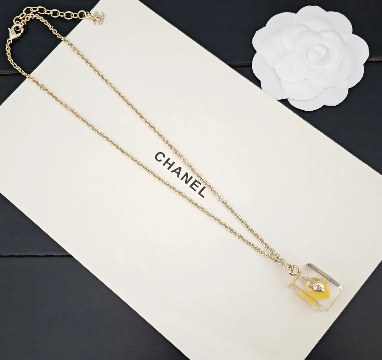 Chanel Transparent Yellow Resin Pendant Gold-Tone Chain Necklace 3