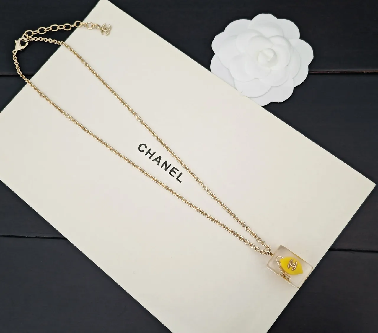Chanel Transparent Yellow Resin Pendant Gold-Tone Chain Necklace 4