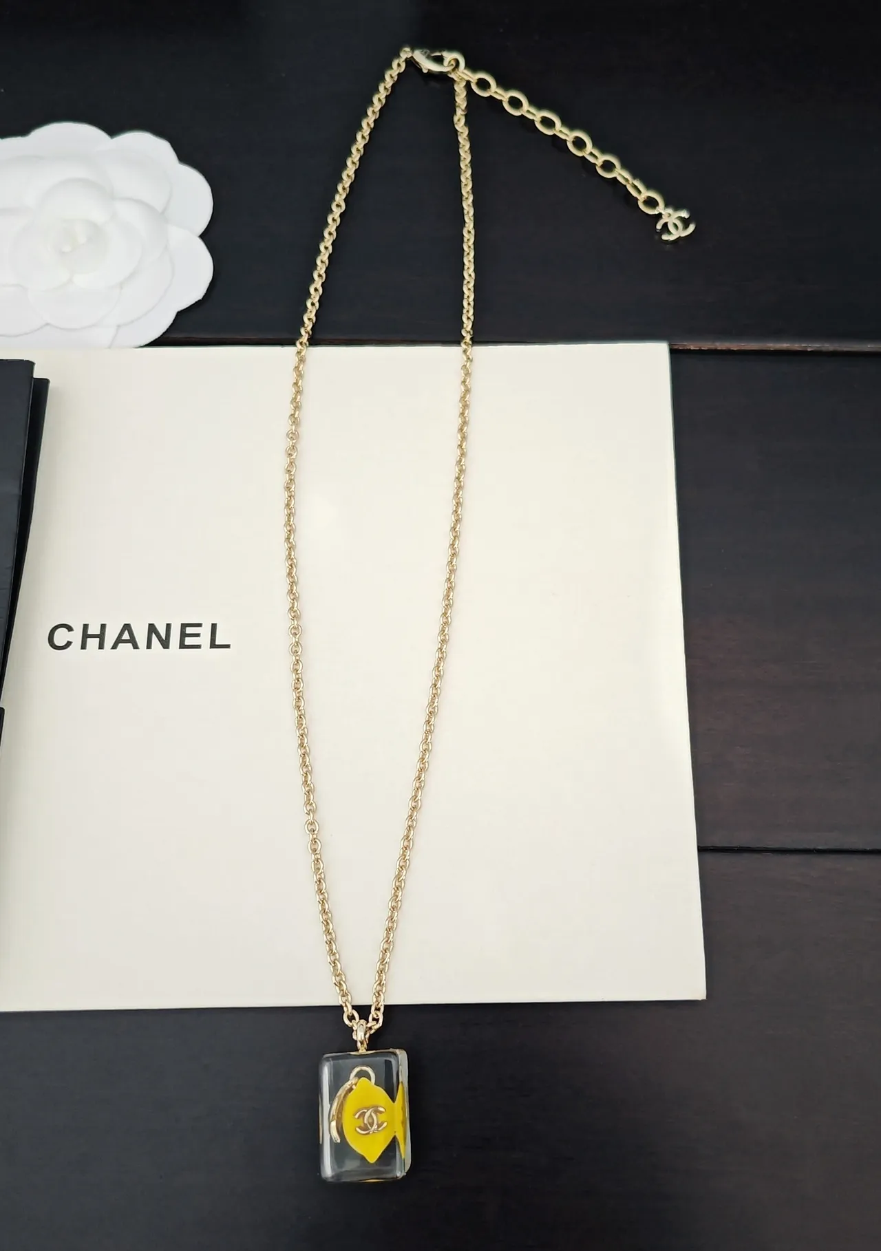 Chanel Transparent Yellow Resin Pendant Gold-Tone Chain Necklace 5