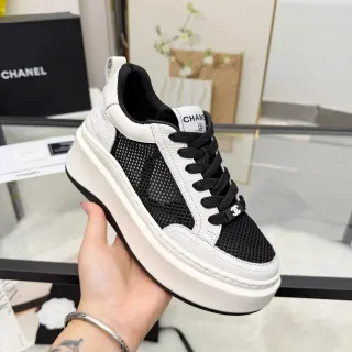 Chanel White Black Chunky Platform Sole Mixed Leather And Mesh Upper Lifestyle Sneakers