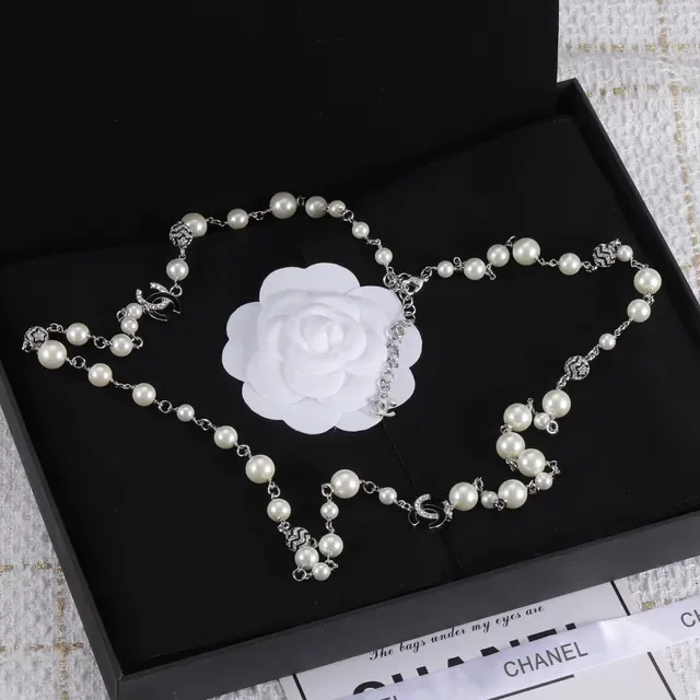 Chanel White Silver Pearl-and-Chain Interlocking CC Logo Necklace 7