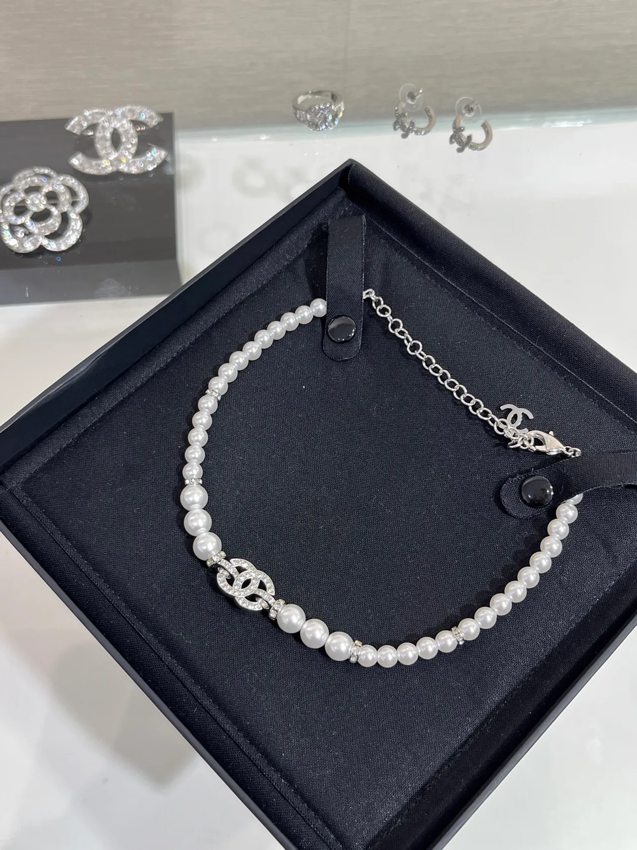 Chanel White Silver Pearl Strand CC Logo Clasp Necklace 5