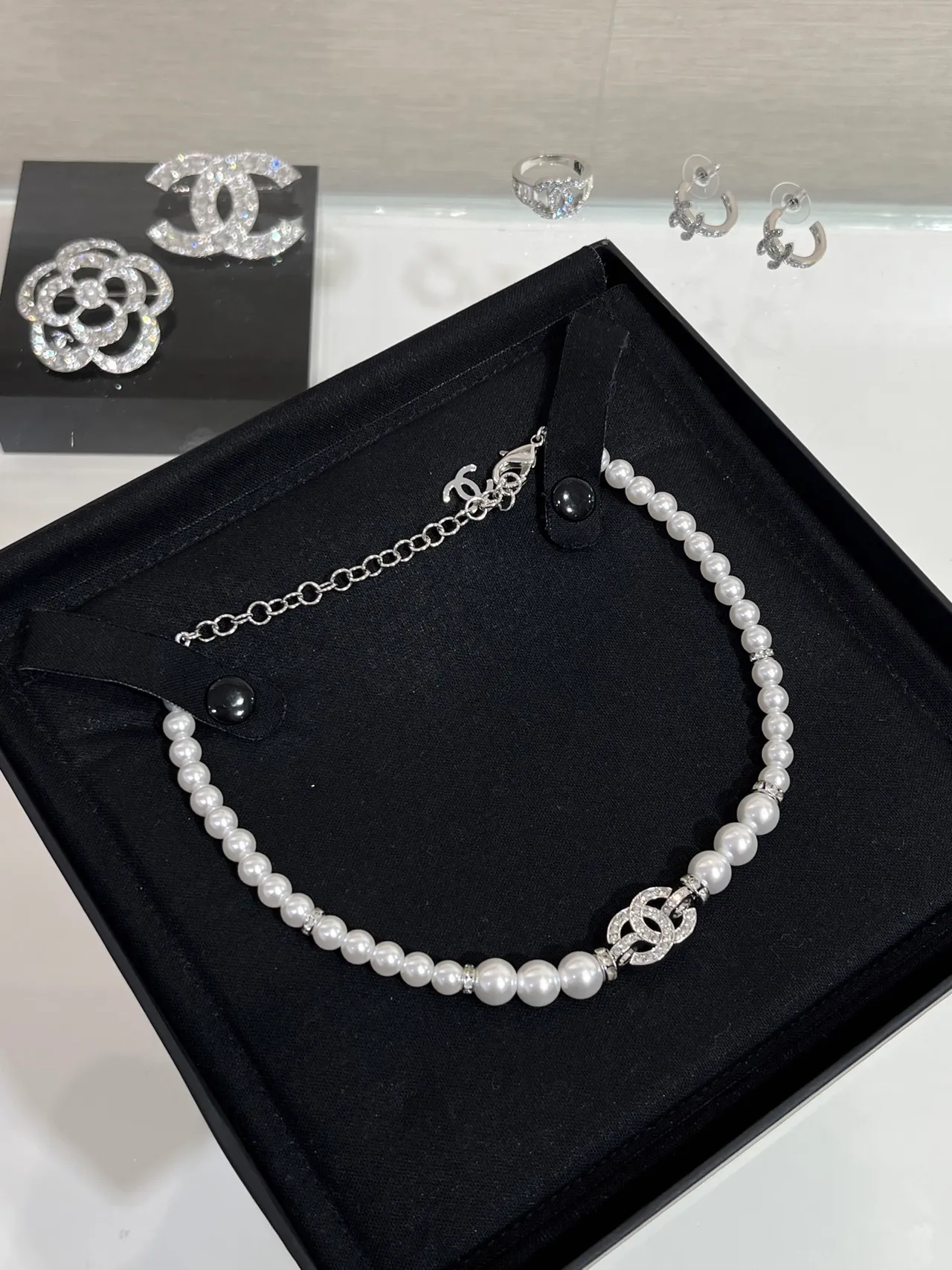 Chanel White Silver Pearl Strand CC Logo Clasp Necklace 6