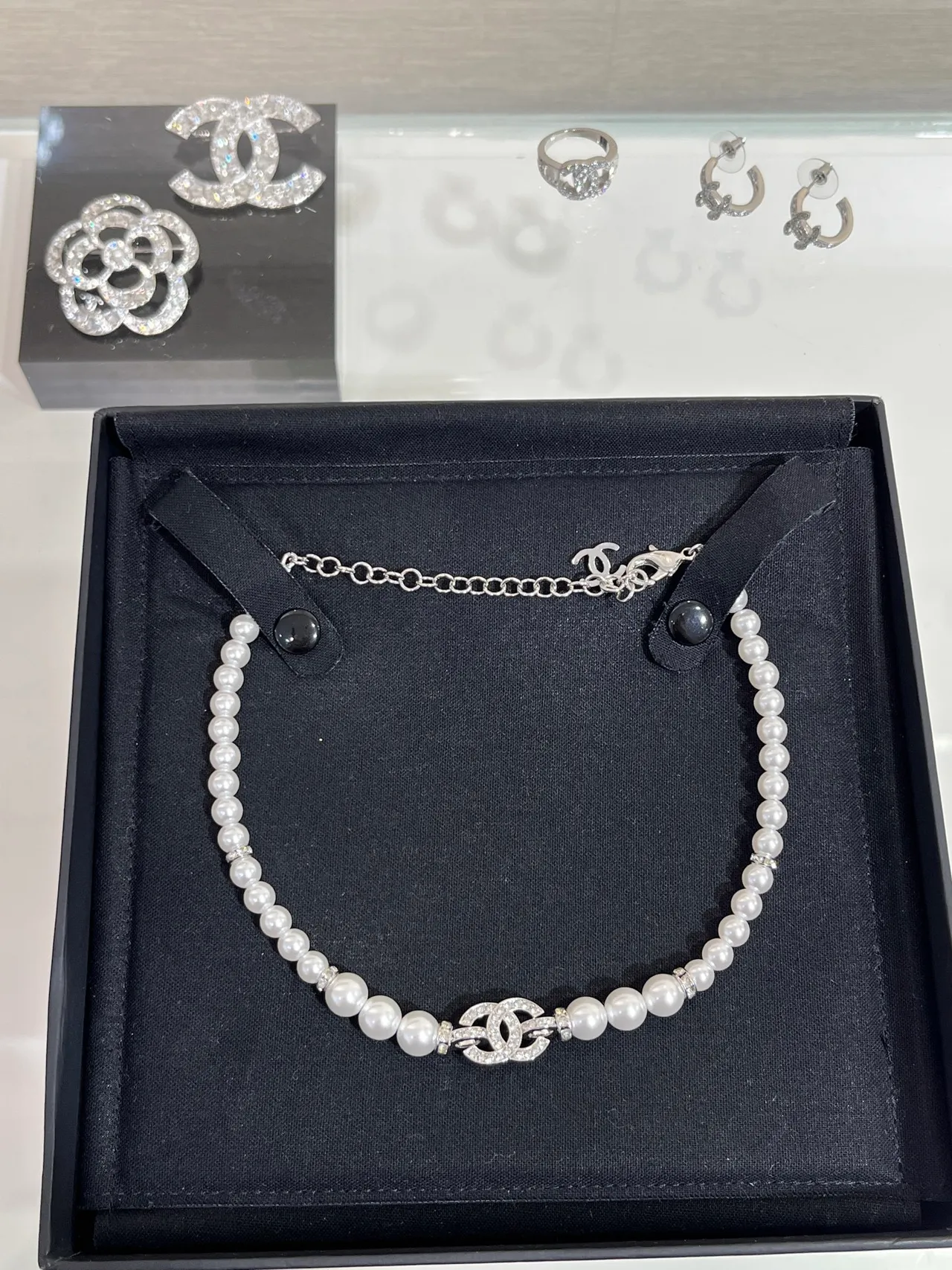 Chanel White Silver Pearl Strand CC Logo Clasp Necklace 7