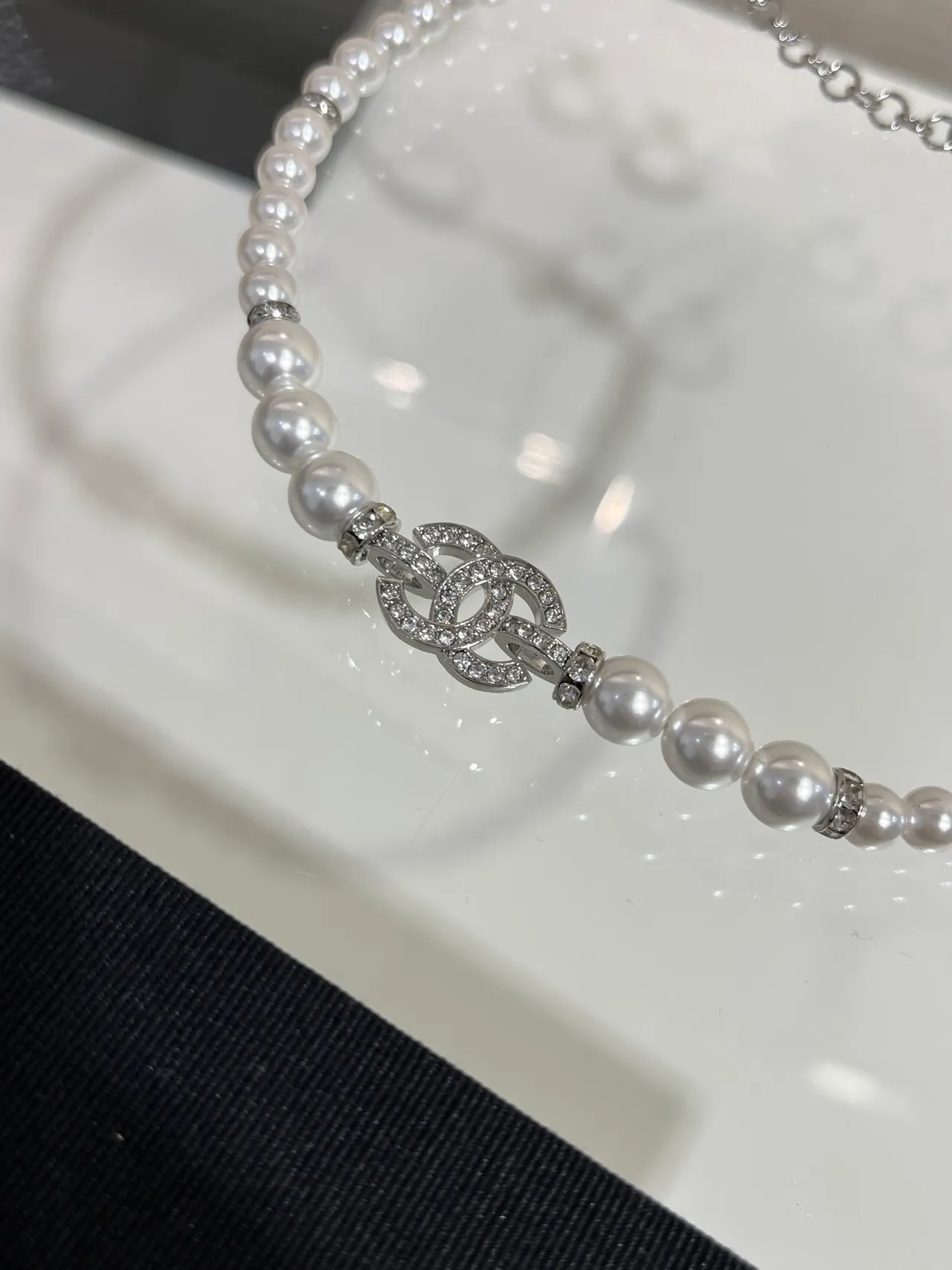 Chanel White Silver Pearl Strand CC Logo Clasp Necklace 8