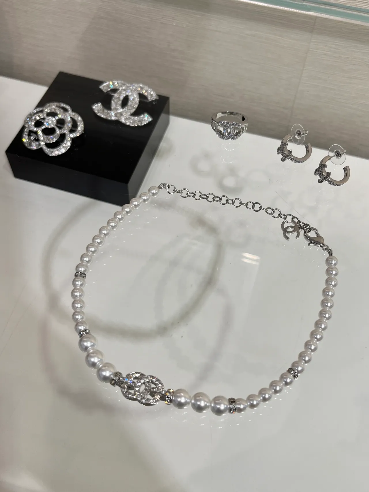 Chanel White Silver Pearl Strand CC Logo Clasp Necklace 9