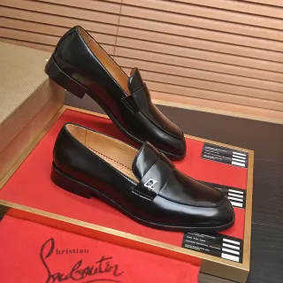 Christian Louboutin Black Red Glossy Leather Metal CL Buckle Strap Loafer
