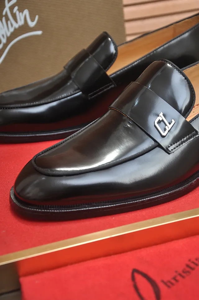 Christian Louboutin Black Red Glossy Leather Metal CL Buckle Strap Loafer 2