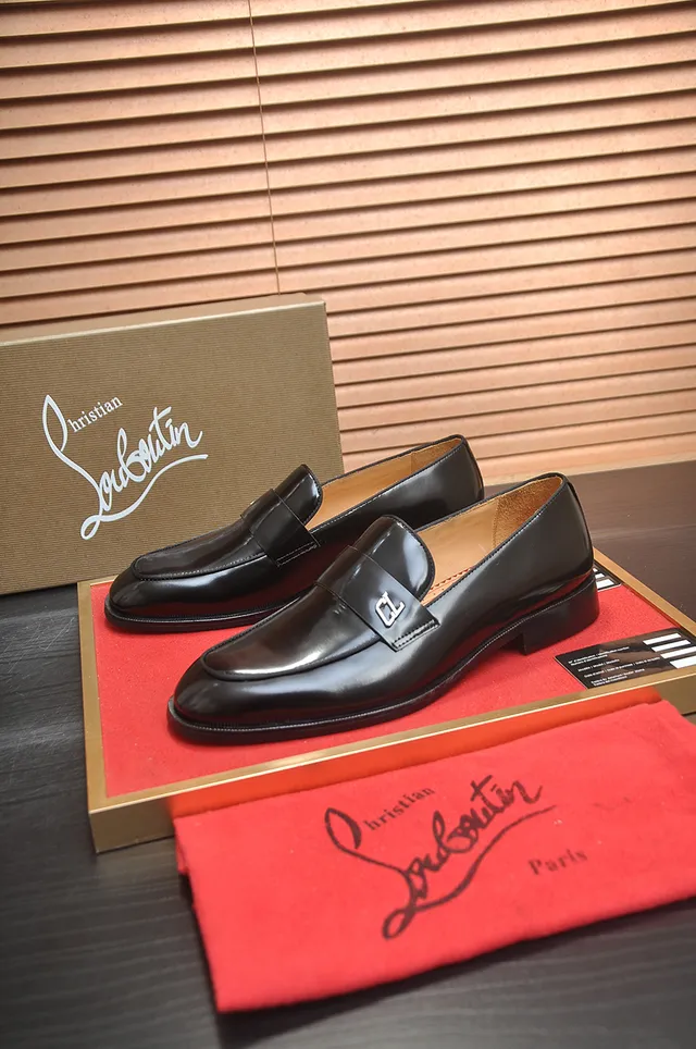 Christian Louboutin Black Red Glossy Leather Metal CL Buckle Strap Loafer 4