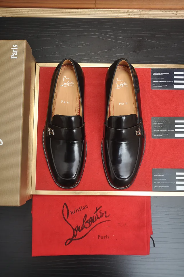 Christian Louboutin Black Red Glossy Leather Metal CL Buckle Strap Loafer 5