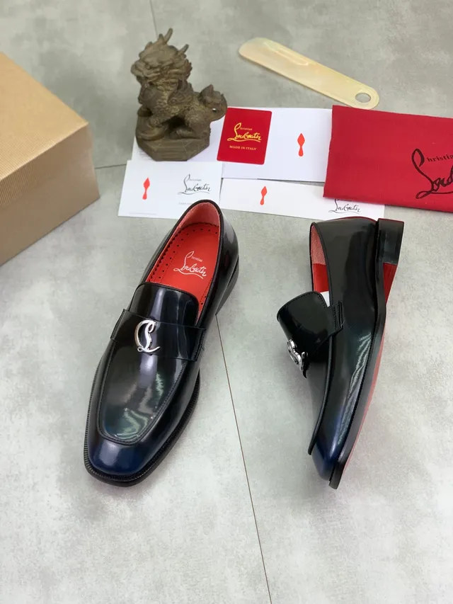 Christian Louboutin حذاء لوفر أسود أحمر جلد لامع براق أصبع مربع 5
