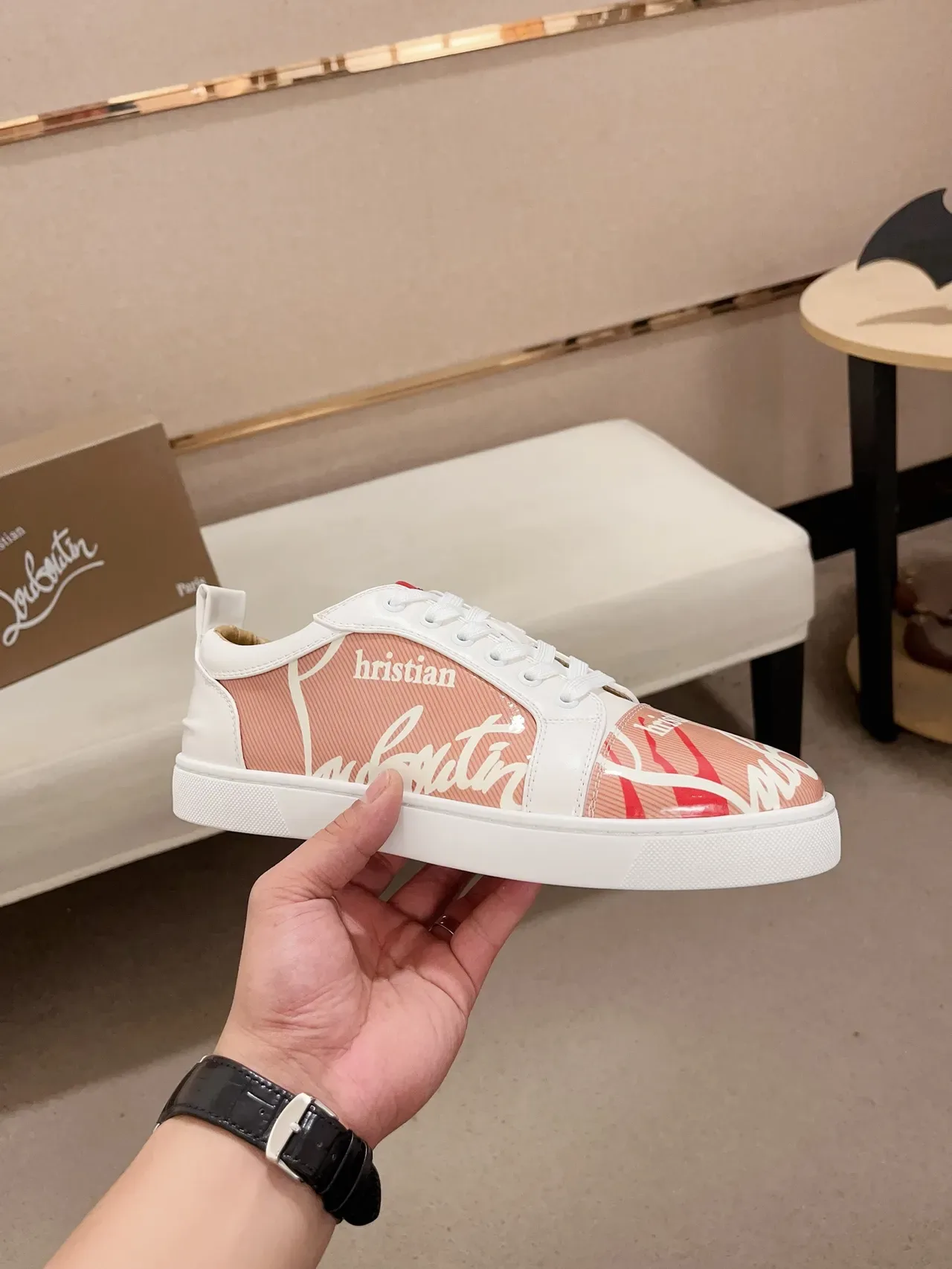 Christian Louboutin Pink White Low-Top Mixed-Material Upper Lifestyle Sneakers 4