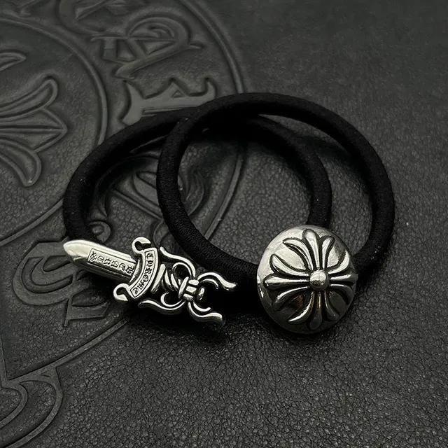 Chrome Hearts Bandas de Cabello Encantadas Negro Plata Bandas Elásticas Dije de Metal Joyería 7