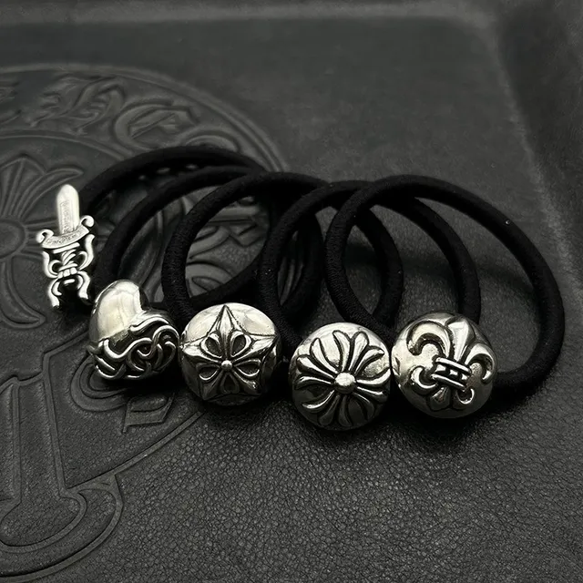 Chrome Hearts Bandas de Cabello Encantadas Negro Plata Bandas Elásticas Dije de Metal Joyería 9