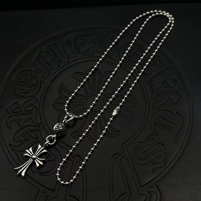Chrome Hearts Pingente de Cruz Corrente de Bolas Prateada Colar 7
