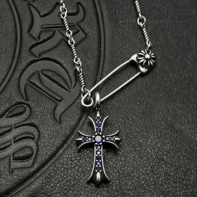 Collier Chrome Hearts Croix Argent Blanc Gothique Pendentif avec Pierres Pavé-Set 5
