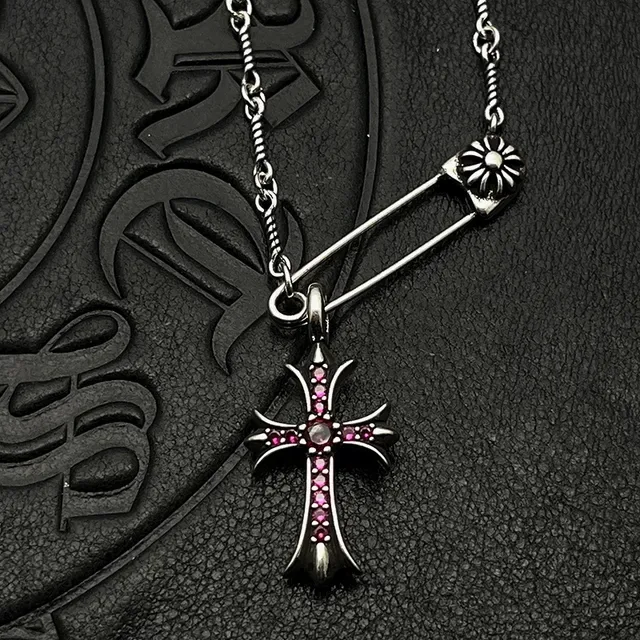 Collier Chrome Hearts Croix Argent Blanc Gothique Pendentif avec Pierres Pavé-Set 7