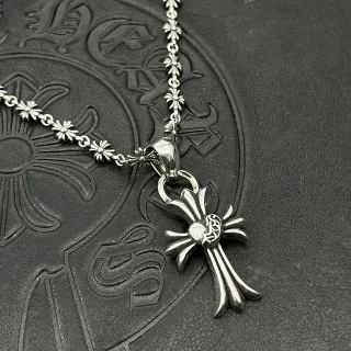 Chrome Hearts Fleur de Lis Cross Heart Motif Silver Necklace
